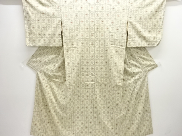 アンティーク　格子に花模様織り出し本塩沢着物